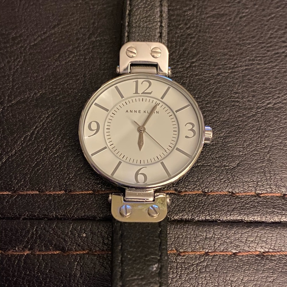 Anne Klein silver watch with black leather band